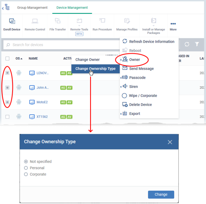 Change The Ownership Status Of A Device, Endpoint Manager Comodo